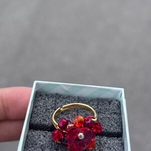 Red Beaded Heart Ring - Gold Adjustable
